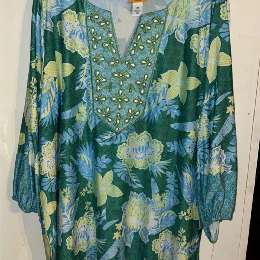 Ruby Rd Paradise Cove Size 2X NWT Polyester Spandex 3/4 Sleeves Teal Lime  Blue